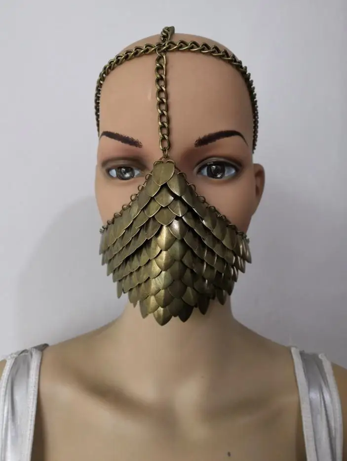 New Style Women Bronze Colour Chains Layers Fish Scale Head Unique Design Face Mask Chains Jewelry WRHE1050