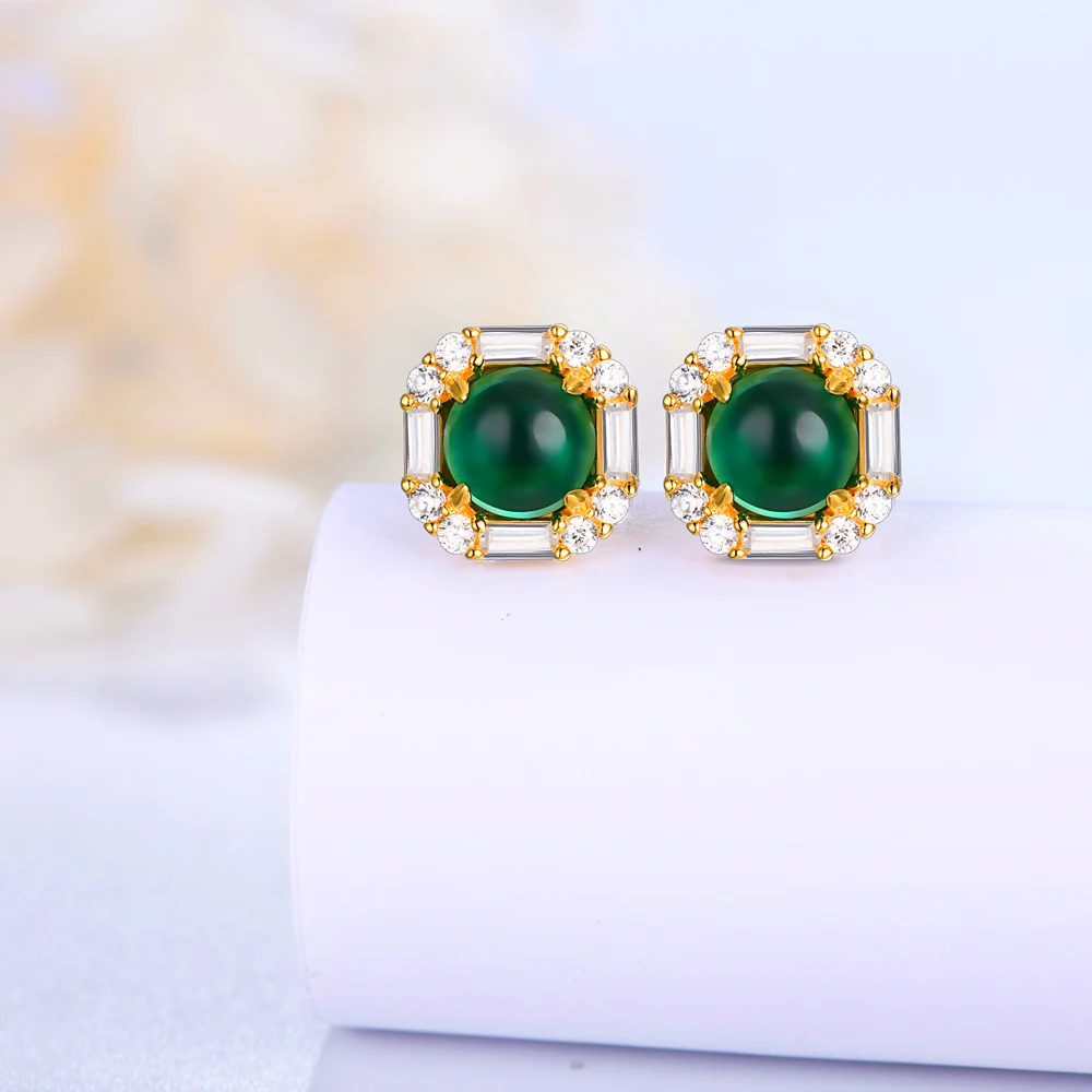 ATTAGEMS 100% 925 Sterling Silver Round Emerald Moissanite Gemstone Engagement 18K Gold Plated Earrings For Women Fine Jewelry