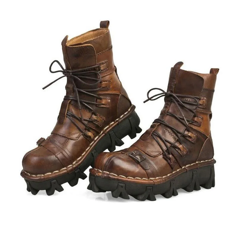 Men\'s Cowhide Genuine Leather Work Boots Military Combat Boots Gothic Skull Punk Fashion Boots Motorcycle Boots 50 Vintage