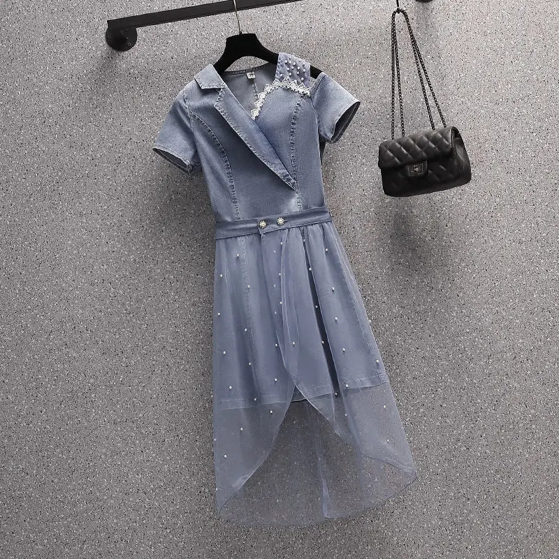 Denim Beading Dress Set Womens Summer Dress New Fat Sister Show Thin Fashion Korean Style Sense Two Piece Skirt