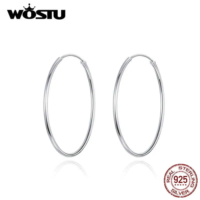 WOSTU 100% 925 Sterling Silver Big Circle Hoop Earrings Minimalist Simple Round Earrings For Women Fashion Party Jewelry CQE710