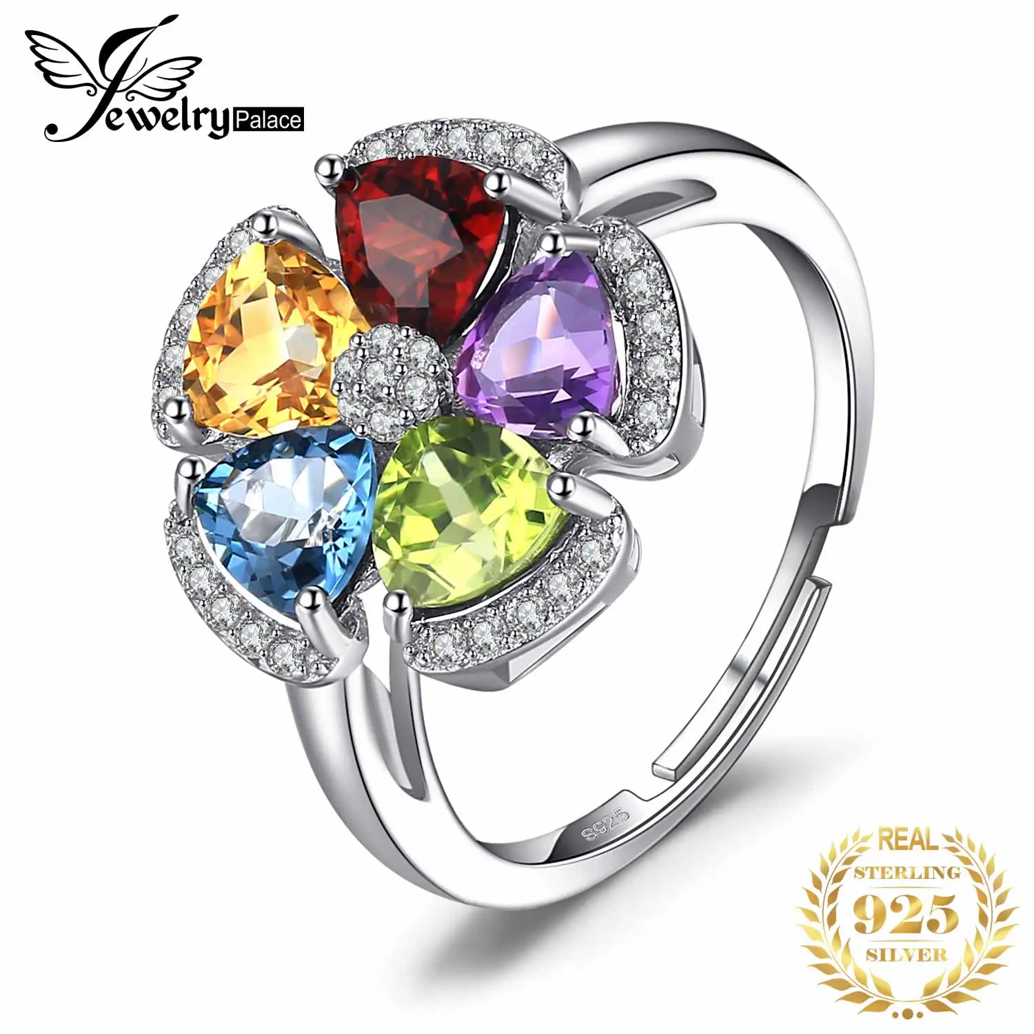 

JewelryPalace Genuine Multicolor Topaz Amethyst Citrine Garnet Peridot Open Adjustable Cocktail Promise Ring 925 Sterling Silver