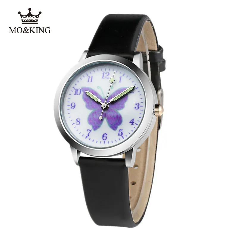 Heißer Verkauf Cartoon Muster Kinder Jungen Mädchen Kinder lila Schmetterling Leder Quarz Armbanduhr Uhr Geschenke Armband reloj