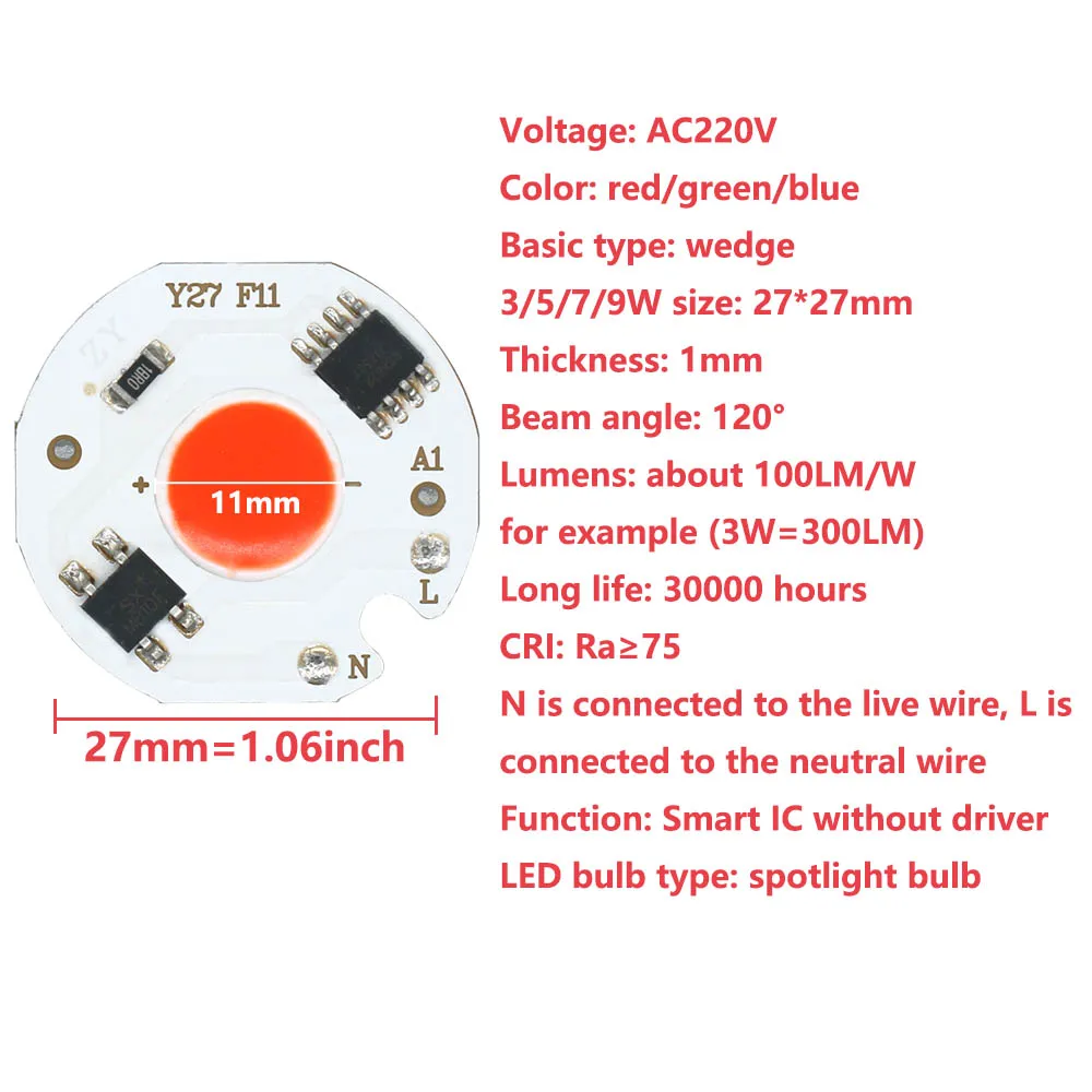 3W 5W 7W 9W 220V LED COB Lamp Chip Smart IC NO Need Driver For Flood Light Spotlight Lighting White/Warm/Natural/Red/Green/Blue