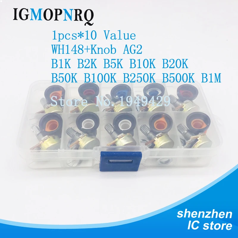 

10set/20pcs WH148 potentiometer B1K 2K B5K B10K B20K B50K B100K B250K ohm 3PIN 15MM Knob AG2 Yellow Orange Blue White Red15x17mm