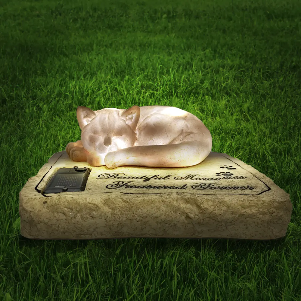 Solar Lights Cat Pet Memorial Stone Loss of Cat Sympathy Gifts Tombstone Grave Maker with A Sleeping Cat On The Top Garden Deco