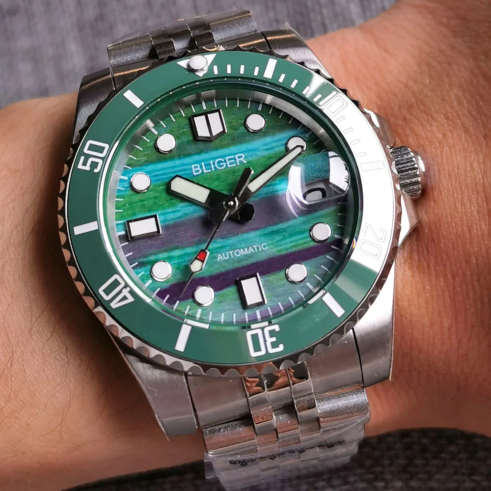 

Bliger 40mm Sapphire Men's Watch NH35 Automatic Movement Green Dial Date Cyclops solid Band Ceramic Insert Green Lume