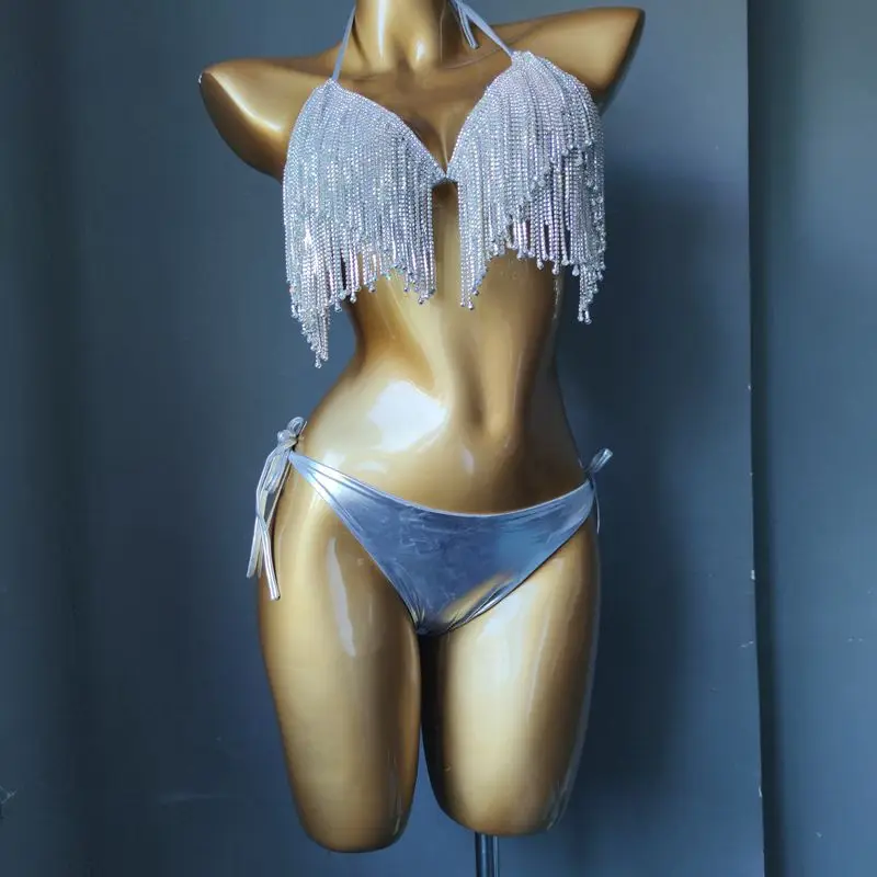 

Club Bar Sexy Women Pole Dancing Costume Gold Silver Rhinestones Tassels Bikini Dance Outfit DJ Singer Nightclub Show Stage Wear