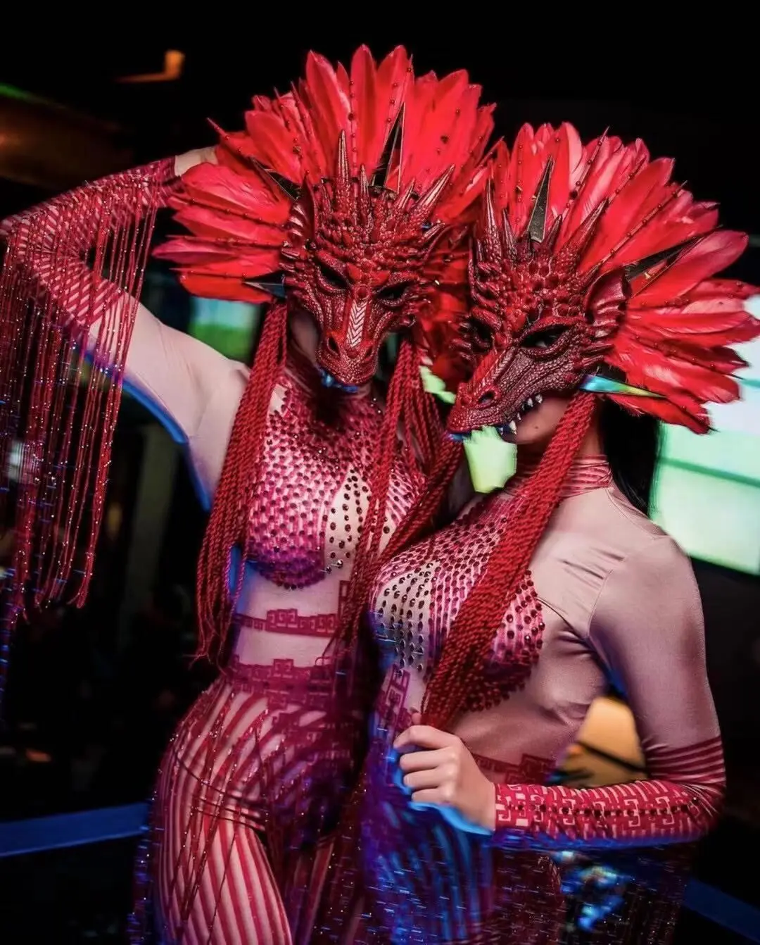 Nightclub Dj Ds Gogo Dance Cosplay Costume Red Feather Dragon Headress Chinese Jumpsuit Festival Outfit