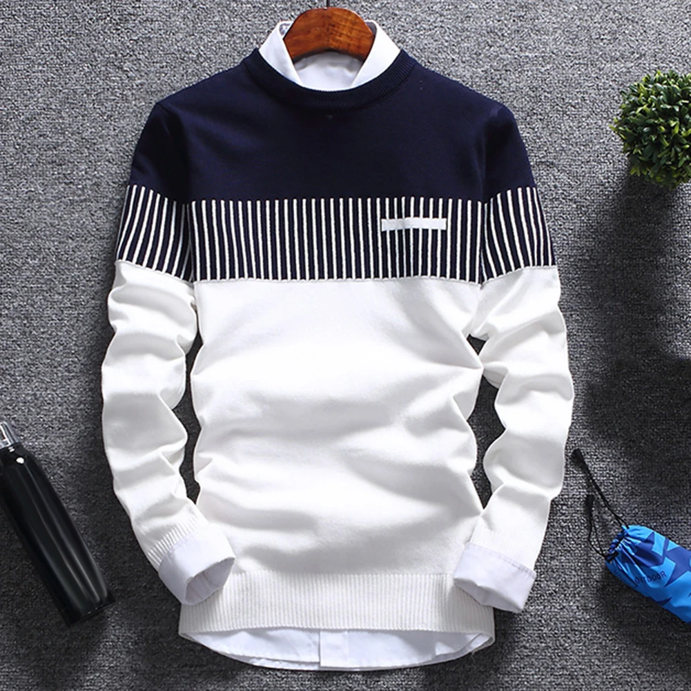 Fashion Men striped Sweater pullover Color Block Patchwork O Neck Long Sleeve Knitted Sweater Top Blouse For Warm Men\'s Clothing