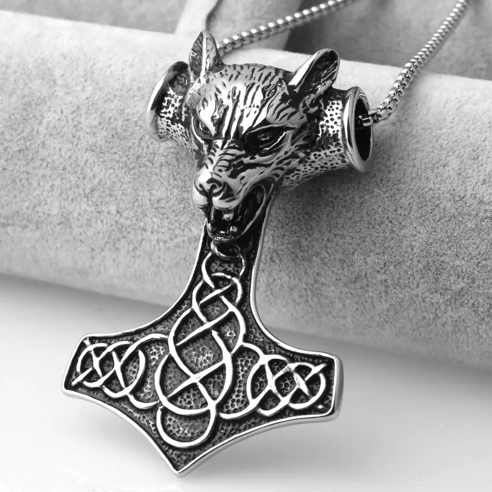 Gothic Men Jewelry Stainless Steel Huge Wolf Head Thor Hammer Mjolnir Pendant Necklace 24inch