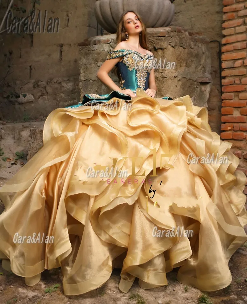 Vestidos De Quinceañera De oro mexicana, apliques De cuentas con hombros descubiertos, Charro, 15 Años, Organza, con volantes, 16 Vestidos