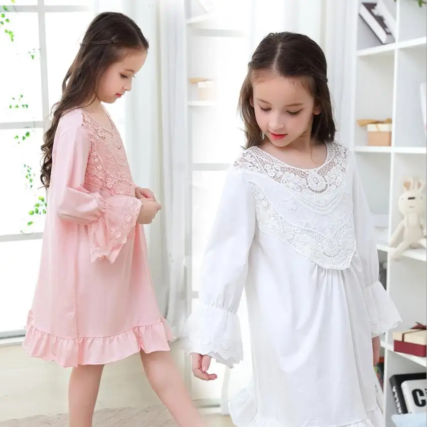 Sping Autumn New Baby Girl Long Sleeve Nightgown Children 100% Cotton Sleep Dress Kids Lace Princess Soft Pajamas 2-16Y Wz250