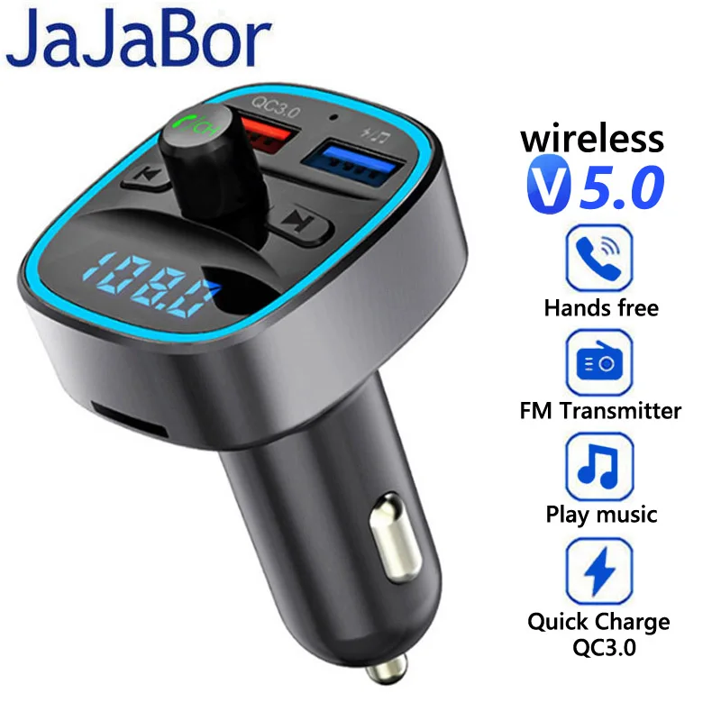 

JaJaBor FM Transmitter Bluetooth 5.0 Carkit Handsfree Car MP3 Player Dual USB QC3.0 Quick Charge Support U Disk/TF Card Playback