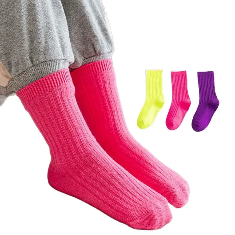 3 Pairs Autumn Winter Children Socks Boys Girls Soft Double Needle Cotton Tube Socks Kids Solid Candy Color Sport Socks