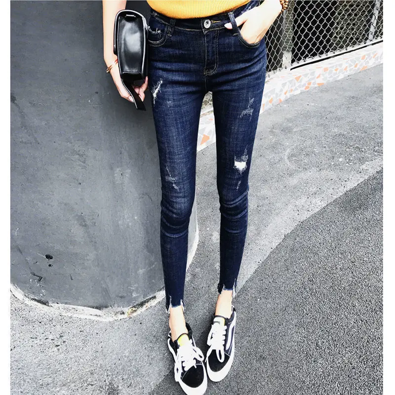 

Woman Jeans Pants Large Size Dark Blue Autumn Tight Ripped Ankle-Tied Pants Pantalones Vaqueros Mujer