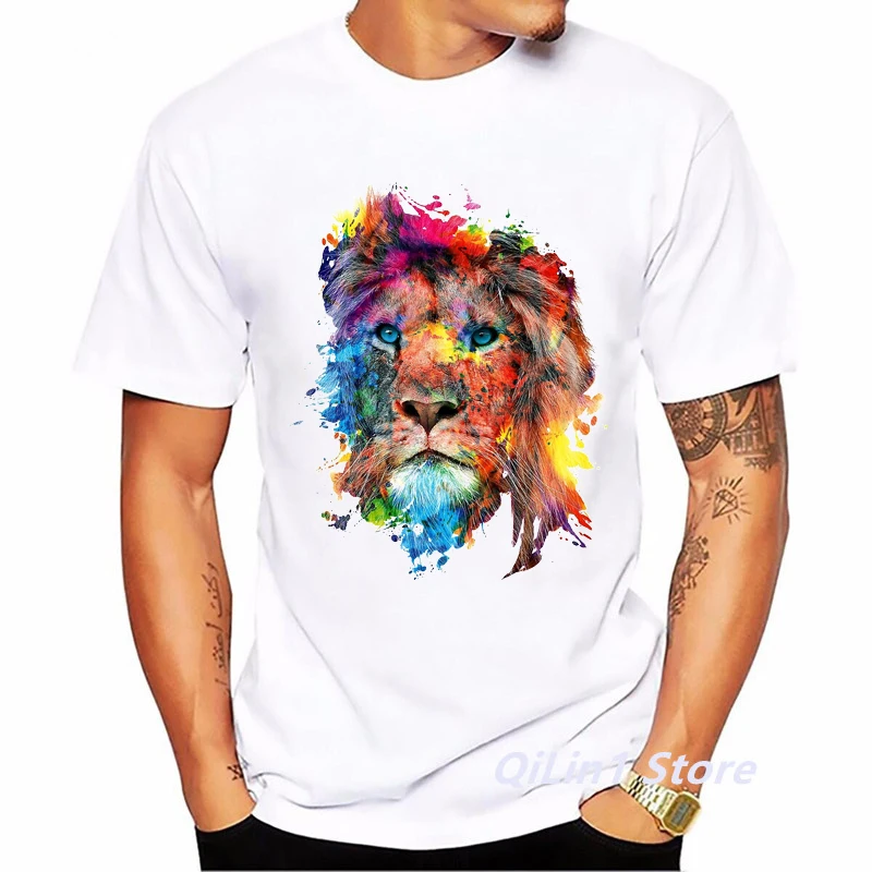 Watercolor Lion/Wolf/Owl/Tiger/Deer Animal Print Tee Shirt Homme Summer Top Male White Short Sleeve T-Shirt Men Hip Hop T Shirt