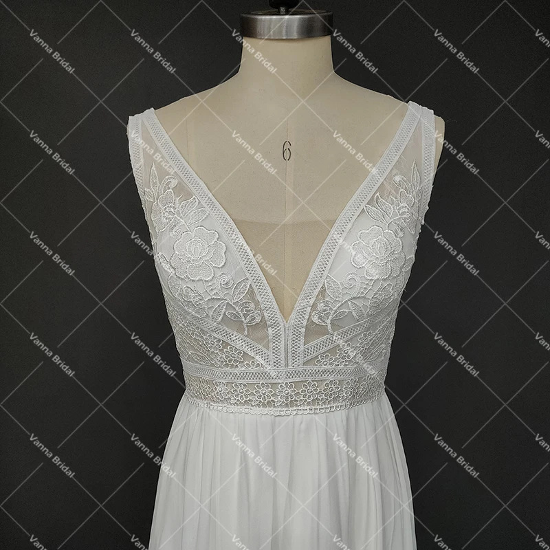 Scollo A V in Chiffon A Line abito da sposa da sposa su misura senza maniche senza schienale spacco alto aperto indietro pizzo Boho Beach abiti da sposa