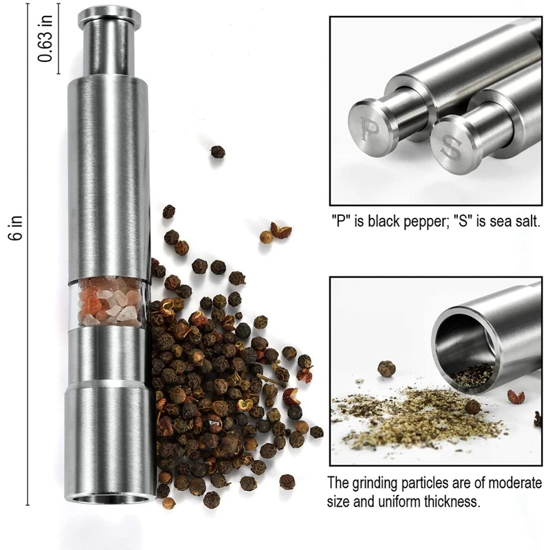 Salt And Pepper Grinder Set Of 2, Pepper Mill Stainless Steel Salt Shaker Push-Button Manual Glass Salt And Pepper Set