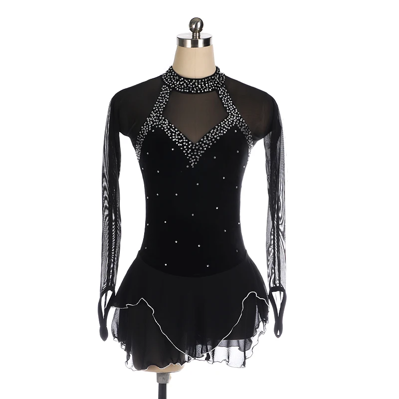 Nasinaya Figure Skating Dress Custom Competition Girl Black Long Sleeve Velvet Rhinestone Gymnastics Suit