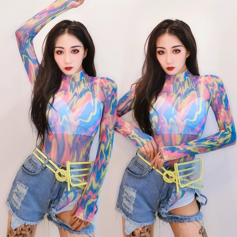 

New DS Costumes Female Singer DJ Jazz Dance Suit Sexy Perspective Bodysuit Denim Shorts Nightclub Bar Performance Suit DWY3547