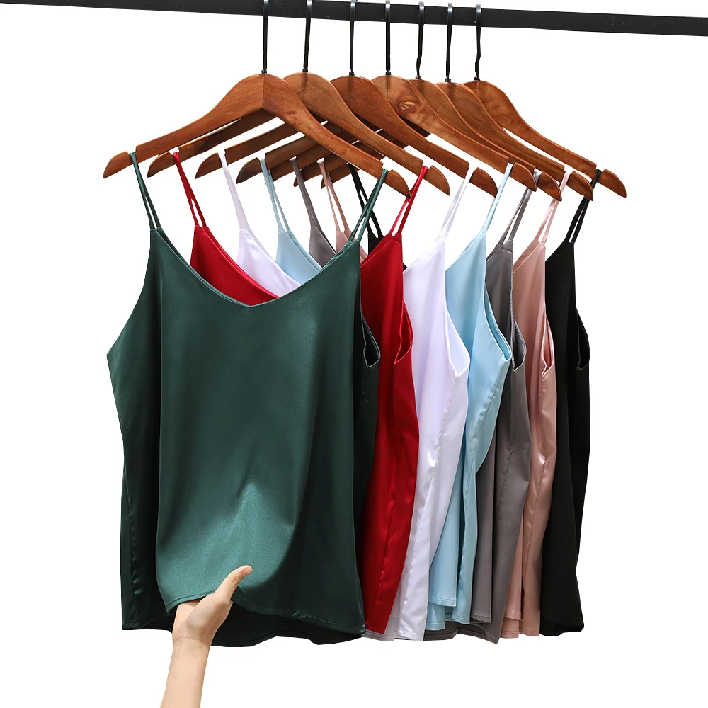 2021 Spaghetti Strap Top Tank Bluse Frauen Camis Ärmel Satin Silk Halter Tops Frauen Sexy Sommer Shirts Leibchen Blusa