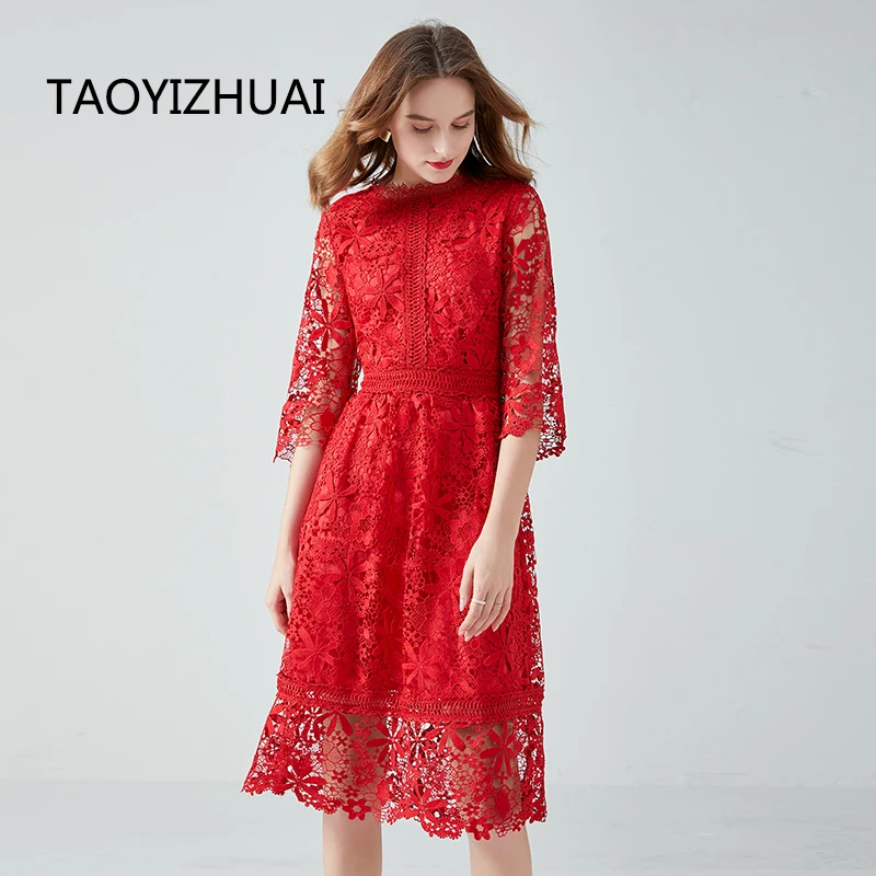 Water soluble lace dress European Station Red mid-length temperament tummy hiding slimming crocheted hollow-out fat girl dress