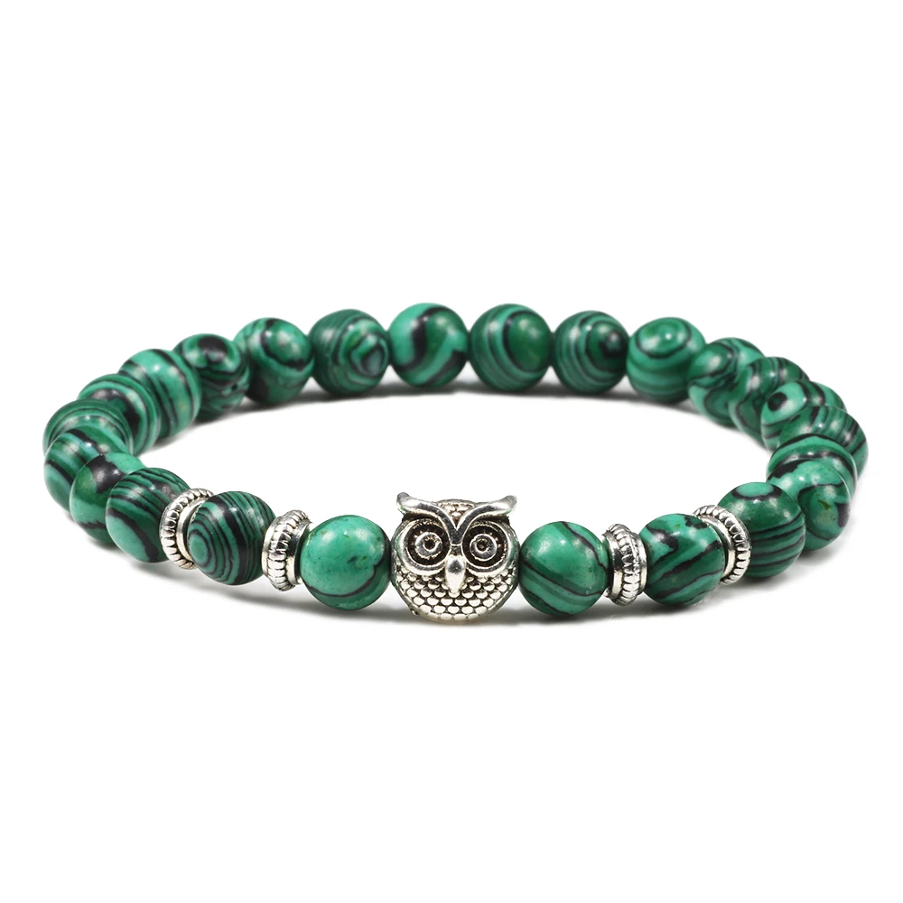 Natural Stone Beads Owl Bracelets Malachite Rock Lava Bangles Charm Strand Elastic Energy Yoga Buddha Jewelry For Women Men