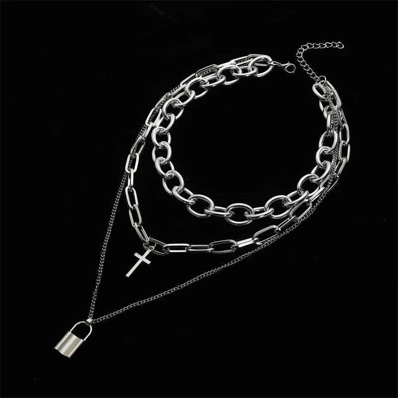 FNQUFUJ Layered grunge aesthetic jewelry  punk chain necklace for women men lock cross pendant  choker  chains goth accessory