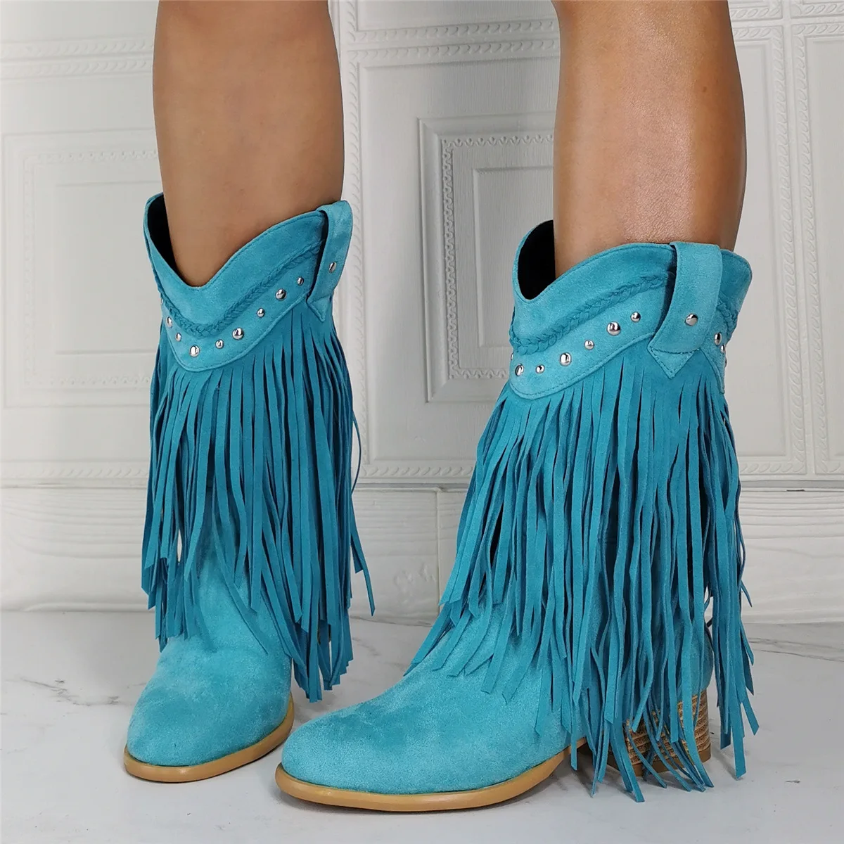 Western Women Fringe Mid Calf Cowboy Boots Blue Flock Chunky Wood Heels Ladies Causal Short Booties Autumn Winter Bohemia