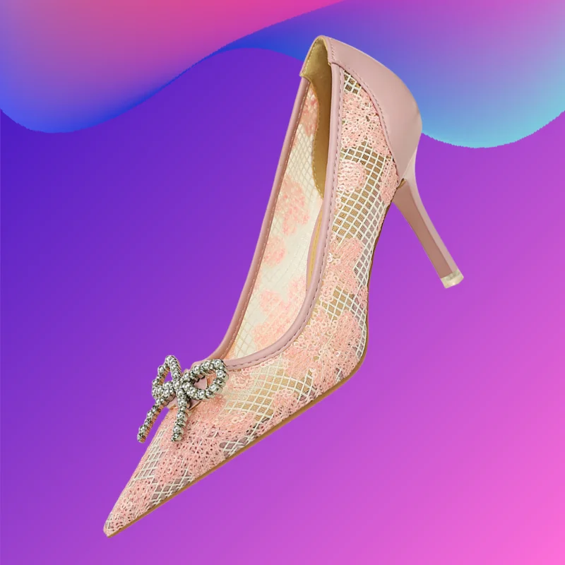 Fashion Wedding Party Women's Shoes High Heel Shallow Mouth Pointed Toe Mesh Lace Hollow Rhinestone Bow Pink White Single Shoe