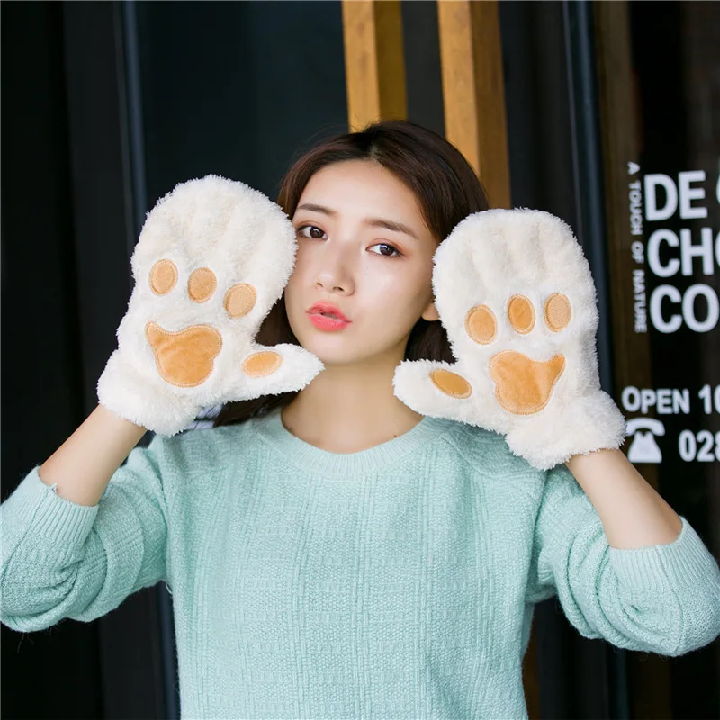 Cat\'s paw cute plush thickened mittens winter female fleece full finger plus velvet Korean version of furry Japanese soft girl