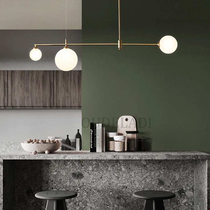 Nordic Copper lighting fixtures Modern Glass Ball Long Chandelier Dining Room Bedroom Kitchen Island LED Hanging Lamp