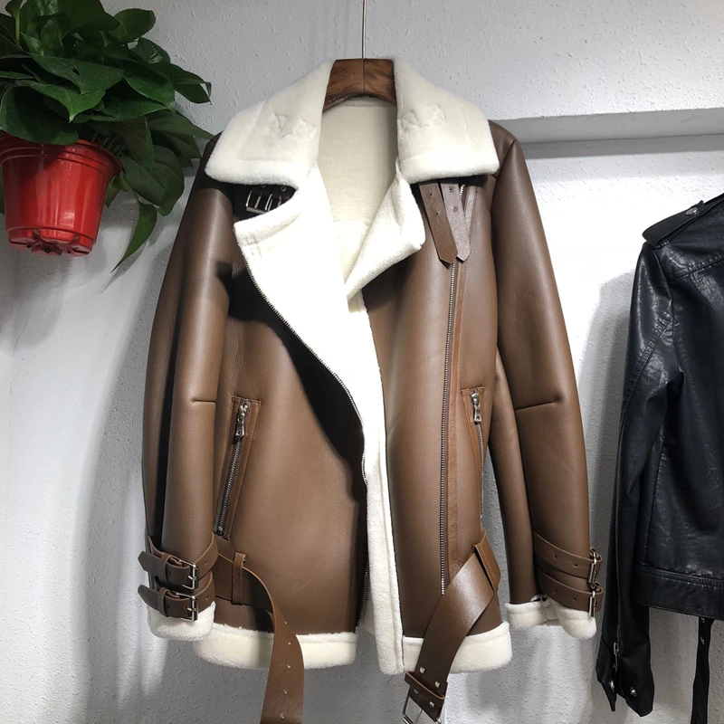 2020 Winter Women Faux Leather Jacket High Quality Thick Warm Lambs Wool Coats Soft PU Jacket Female Fashion Motorcycle Coat