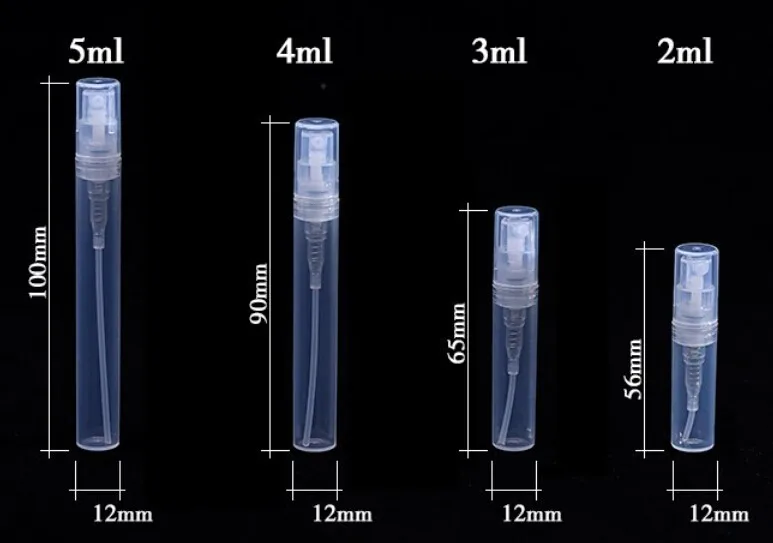 100pcs/lot 2ml 3ml 5ml Plastic Spray Perfume Bottle Refillable Oil Bottles Atomizer Mini Protable Cosmetics Container