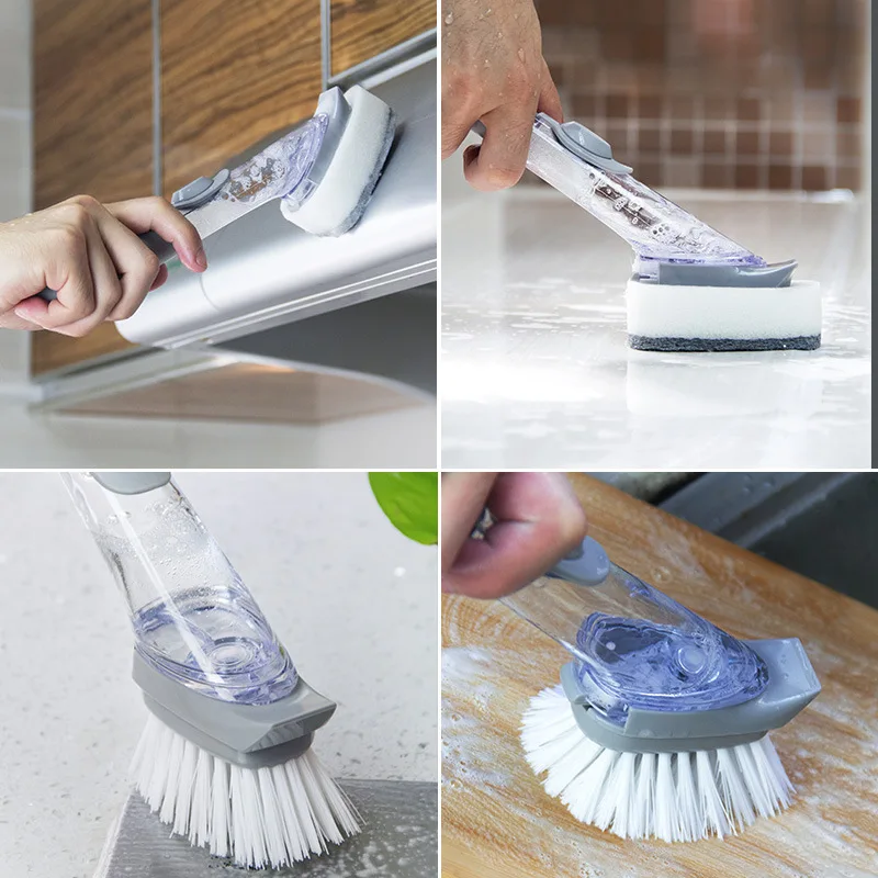 Refillable Liquid Cleaning Brush Kitchen Bowl Scrubber Cleaning Sponge Long Handle Dispenser Cleaner Tool With Dish Soap Washing