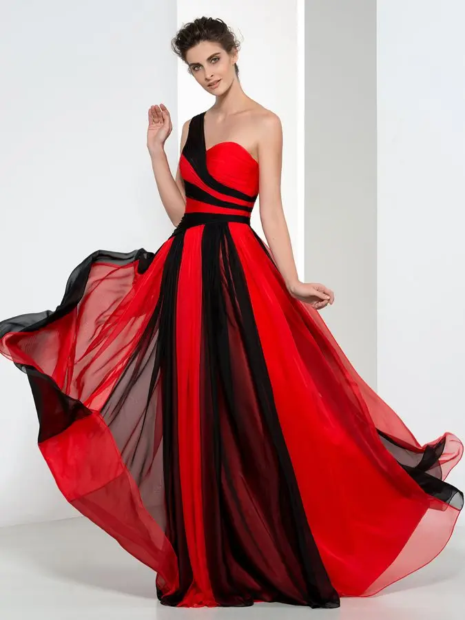 Amazing One Shoulder Pleats Black/Red Long Evening Dress 2024 Prom Dresses Hot Sale Formal Party Gowns Vestidos de Longo