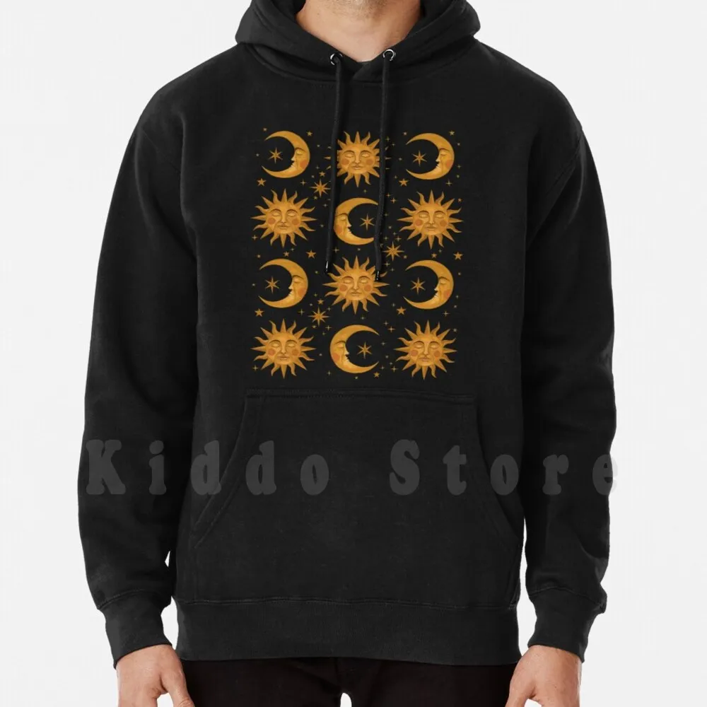 Celestial Dreams Hoodies Long Sleeve Traditionalmedia Handpainted Gouache Pattern Sun Sol Solar Moon Luna