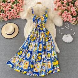 Summer Bohemian Sleeveless Long Dress Women's Sexy Spaghetti Strap High Waist Flower Print Holiday Beach Dresses Vestido M78905