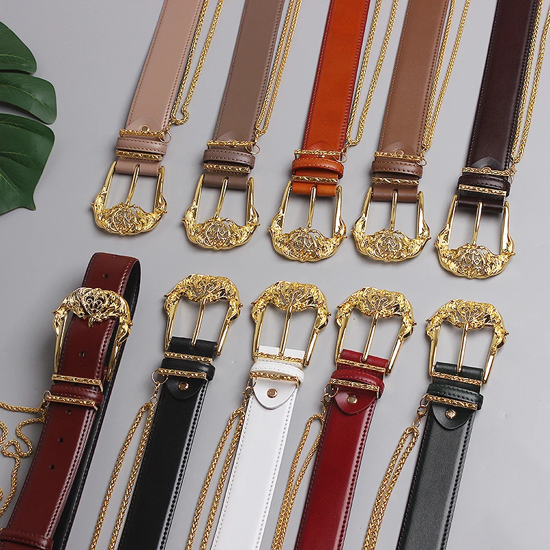 2021 Luxury Cowhide Belt with Metal Chain Solid Genuine Leather Waist Belt Jean Pant Strap Fashion Punk Cow Leather Women Belt
