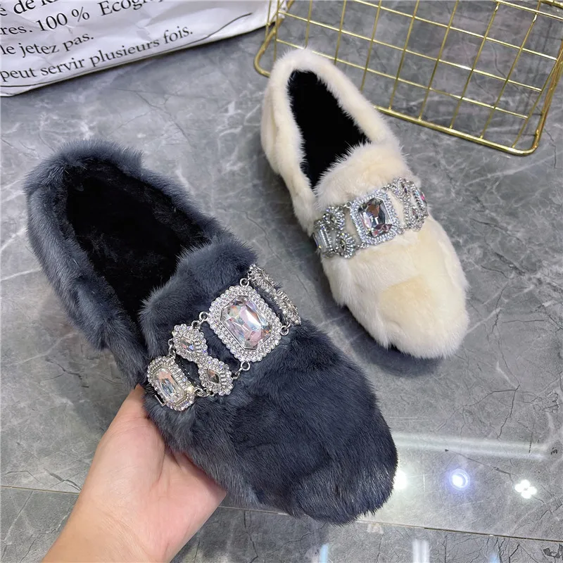 Crystal Women Winter Warm Fur Loafers Casual Thick Sole Moccasins Walking Snow Shoes Woman Mink Fur Espadrilles Flats Creepers