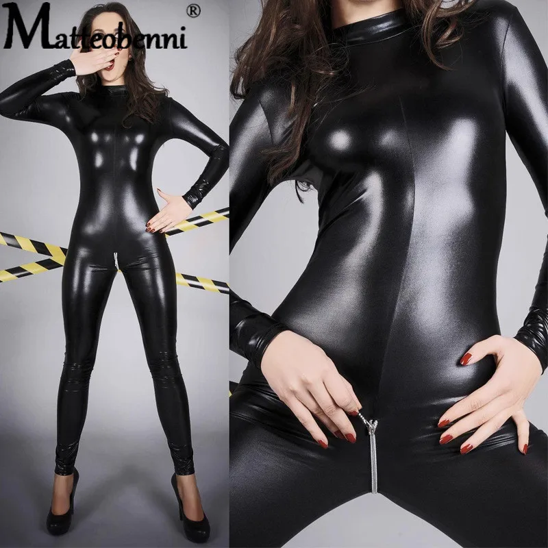 

Women Erotic Sexy Crotchless Latex Teddies Bodysuits Double Zipper Costumes Gay Sexy Open Crotch Faux Leather Catsuit Lingerie