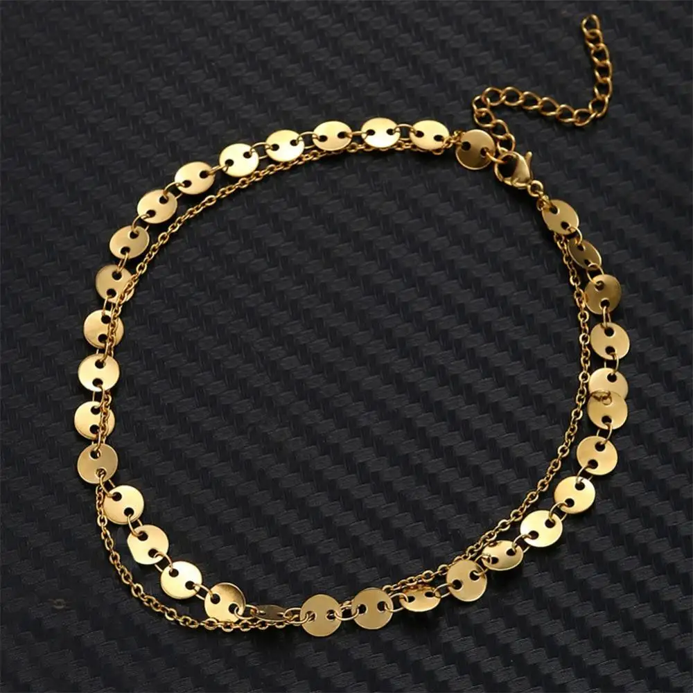 Stainless Steel Sequins Anklet for Women Double Layers Barefoot Sandals Heart Foot Bracelet Anklet Boho Beach Jewelry Gift