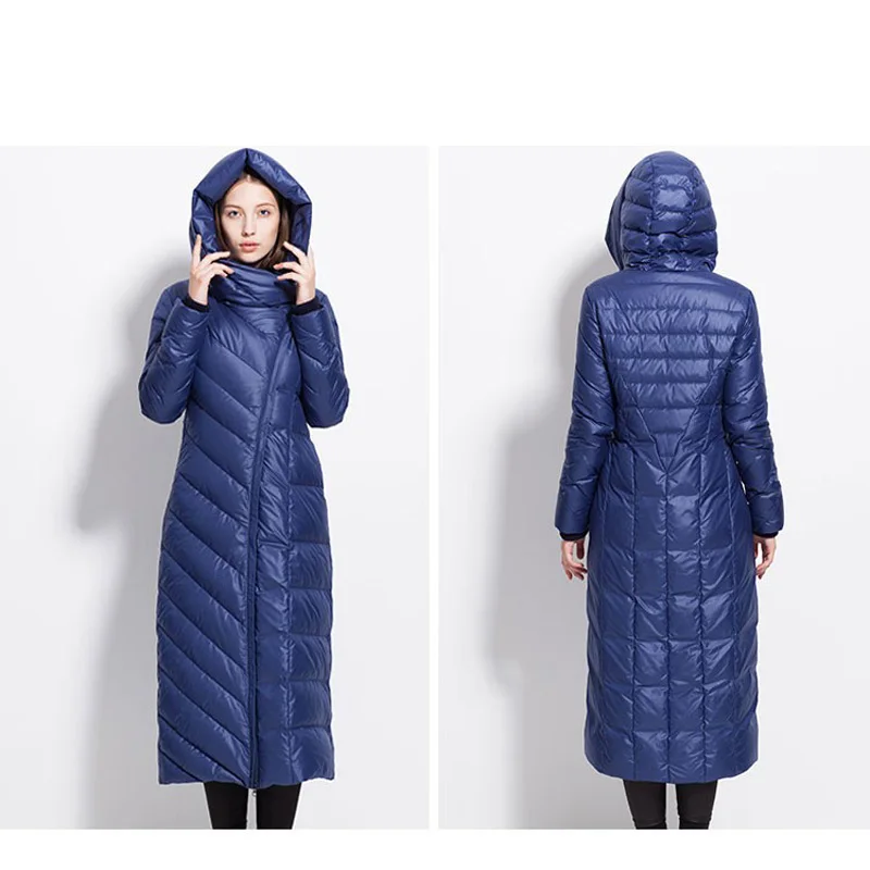 Womens Winter down coat waterproof long thick puffer hat black 4XL dark blue female jackets
