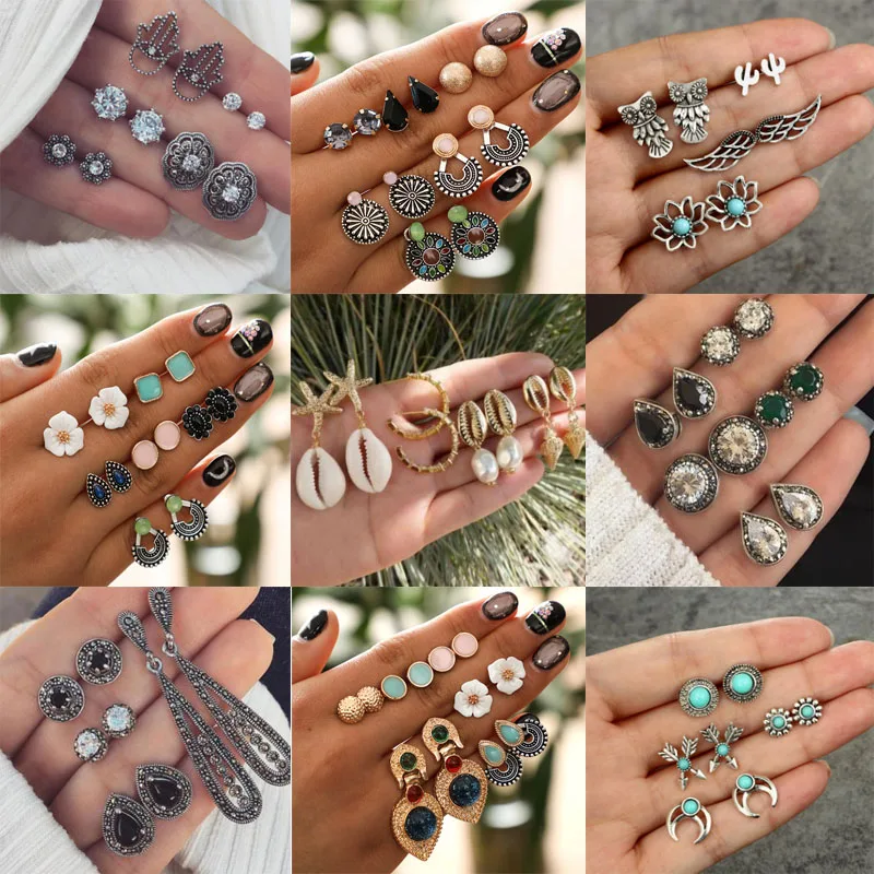 10 Style Vintage Geometric Stud Earrings Set For Women Fashion Shell Flower Star Hand Stone Mini Small Earrings Girls 2019 Boho