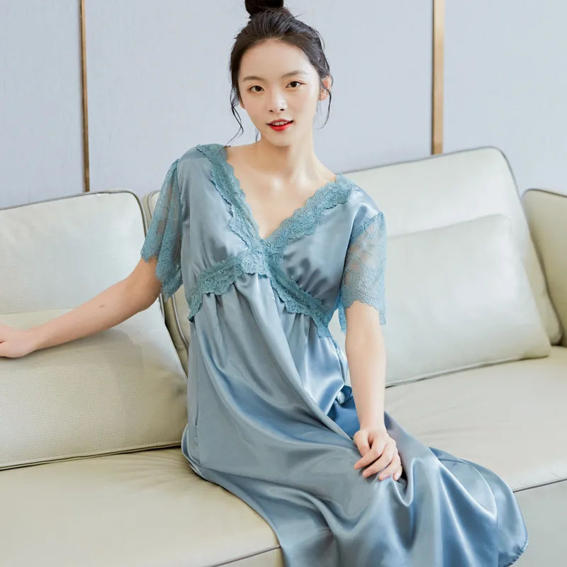 Sexy Patchwork Lace Long Nightdress Women Sleepwear Nightgown Silk Rayon Sleepshirt Bathrobe Spring Summer Loose Home Clothes