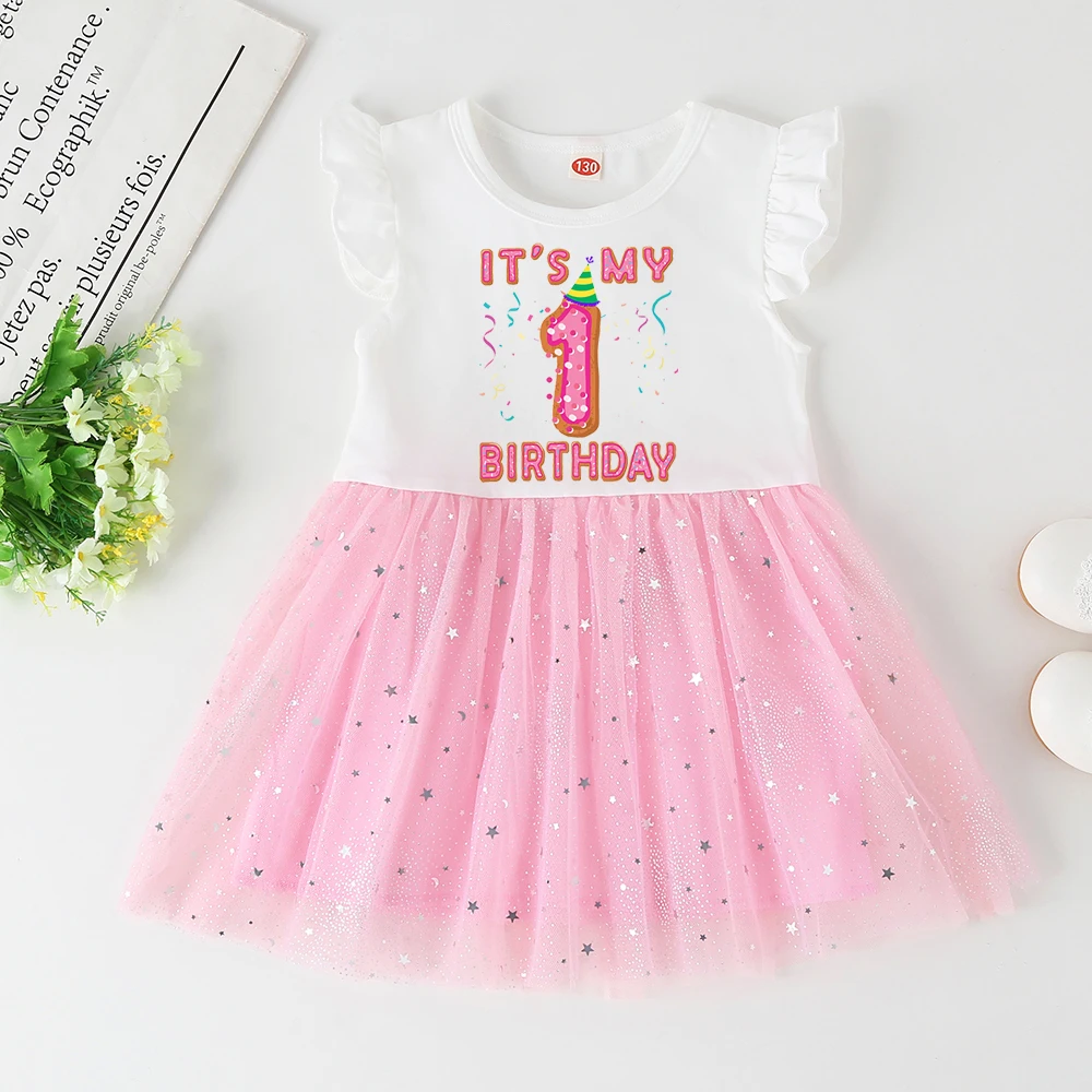 Birthday Baby Little Girls Pink Dress Kids Princess Tutu Dresses Infant 1st 2 Years Outfits Toddler Short Sleeve Gold Dots Star