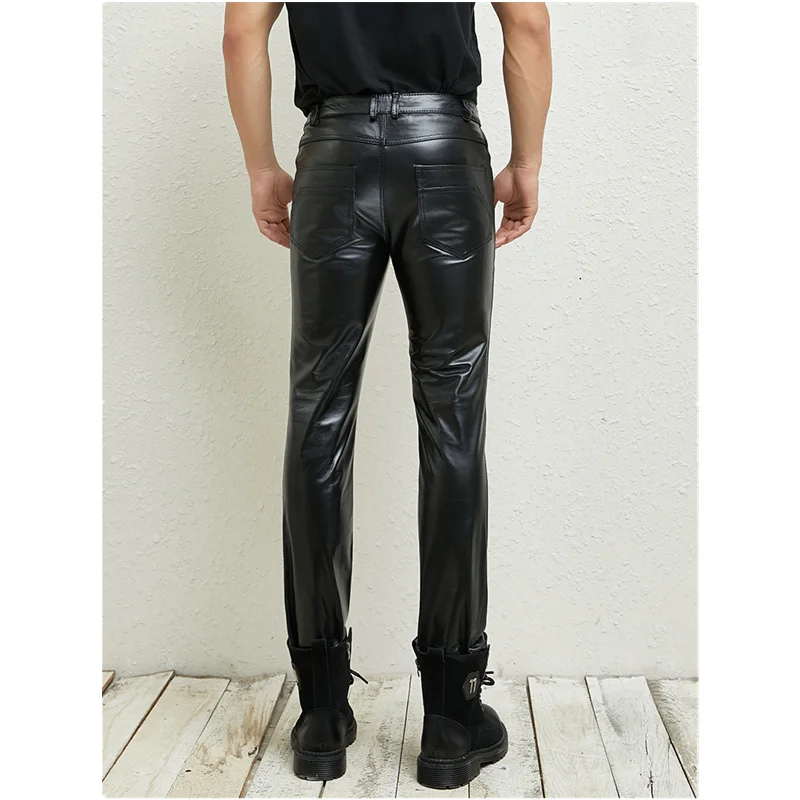 Men's Leather Pants, Youth Cowhide Pants, Black, Windproof, Tight Genuine Leather Pants, Male Personality Pants