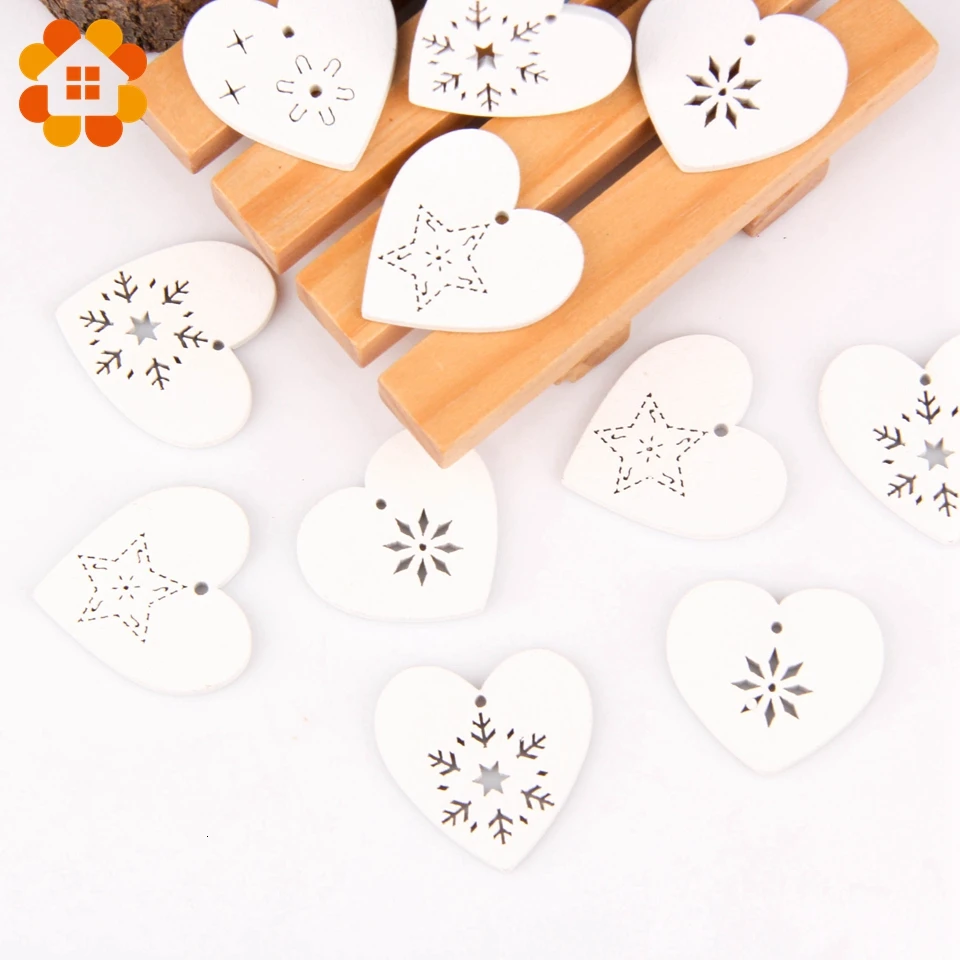 50PCS/lot Multi Colorful Christmas Series Wood Chip Pendant Christmas Tree Decorations Star Heart Snowflake XMAS Ornaments Decor