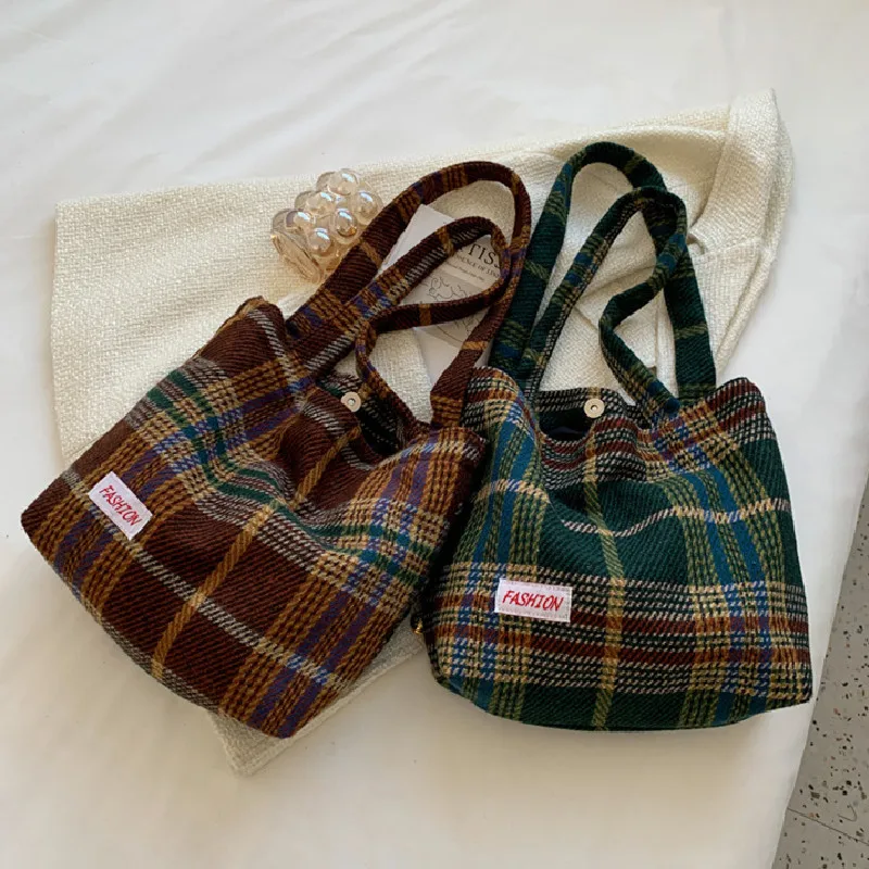 Tote Women\'s Bag Shoulder Wool Shopper Bags For Women Large Capacity Autumn Winter New Soft Plaid Ladies Travel Designer Handbag